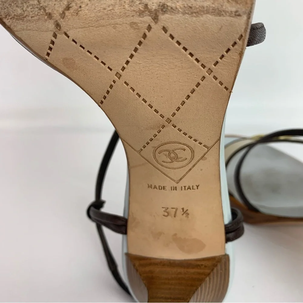 Chanel Blue / Brown Wooden Sole Strappy Heels Pumps 37 1/2 - Picture 10 of 13
